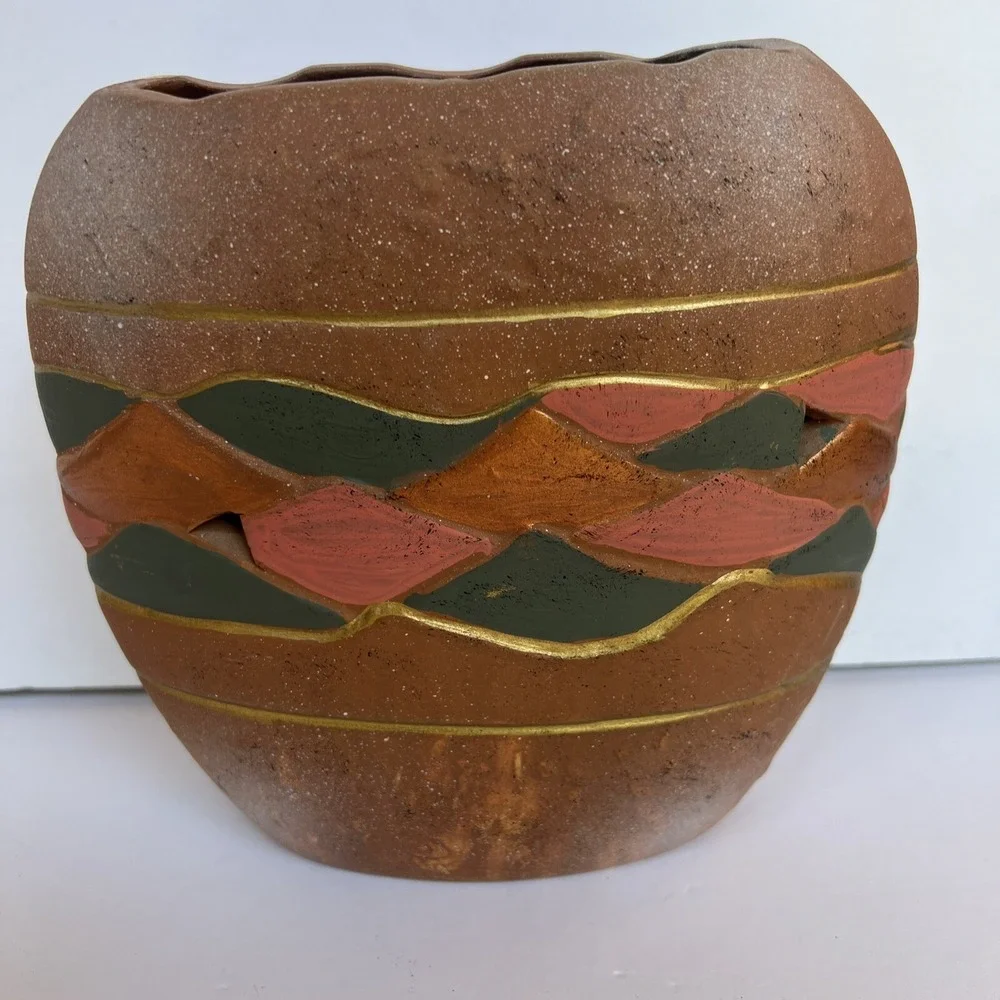 VTG Southwestern Boho Pottery Vase Terra Cotta Pierced Rustic Decor 7
